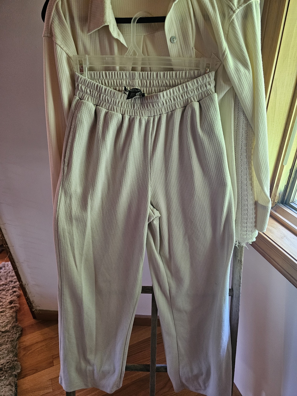Rachel Zoe Ivory Ribbed Loungewear Set - Button Top & Elastic Waist Pants